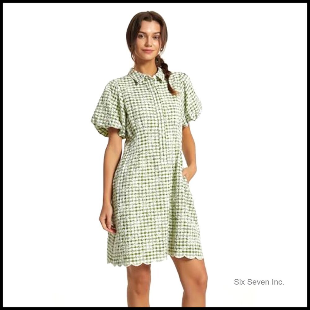 Short Sleeve Pleated Mini Shirt Dress with Embroidered Gingham Fabric - Picture 3 of 7